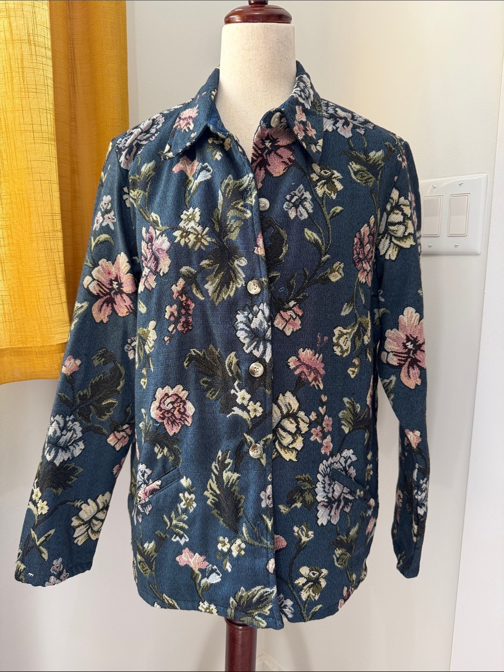 Floral Button-Front Blazer Jacket in Teal with Pink Accents